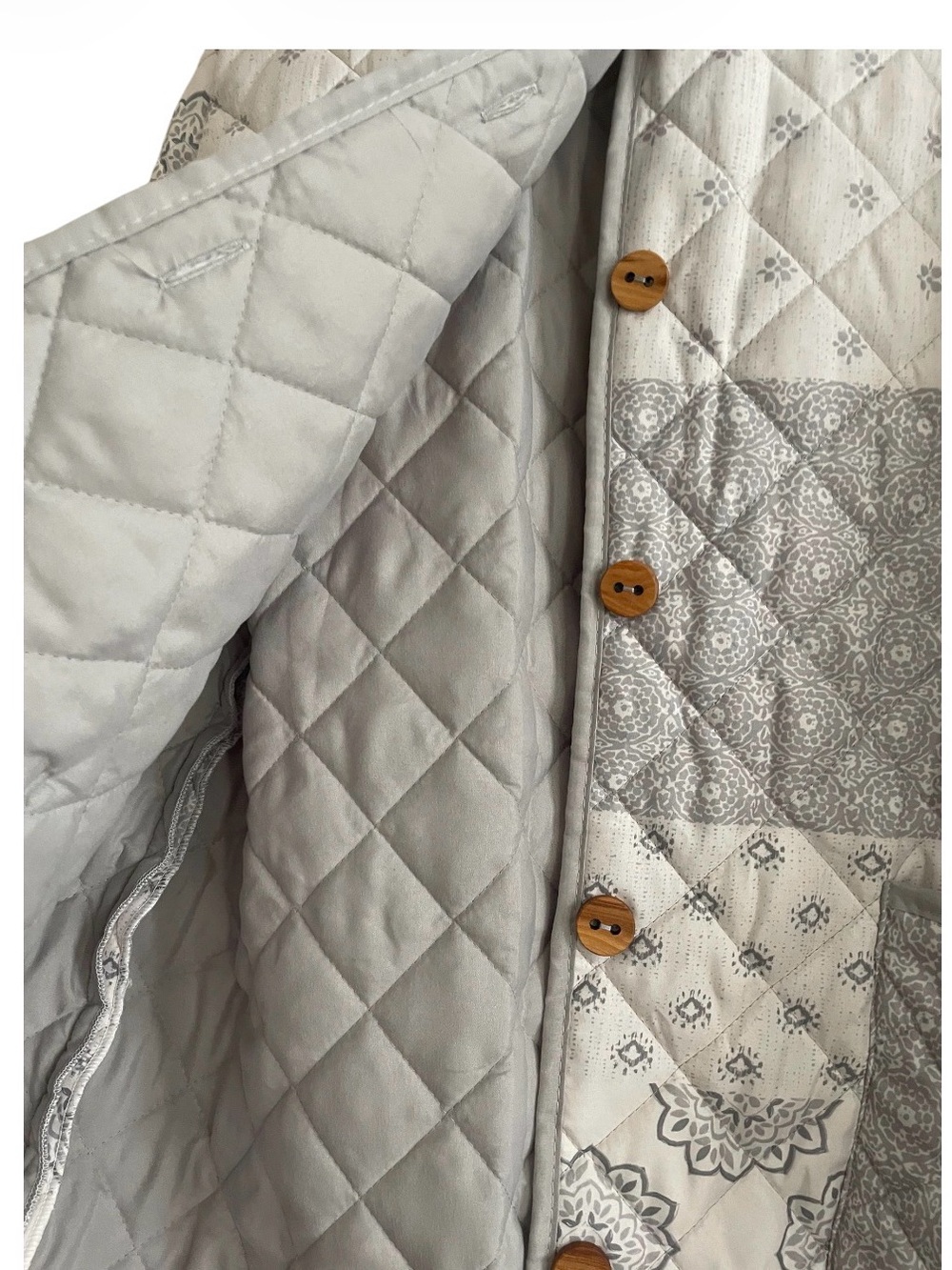 Hand Made & Quilted...Quilted Pattern Hooded Coat - Light Gray - Picture 2 of 4